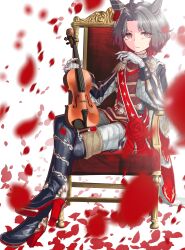  absurdres ahoge animal_ears black_boots boots brooch brown_hair closed_mouth crossed_legs ear_flower epaulettes flower flower_brooch four-pointed_star gloves gradient_hair highres holding holding_instrument holding_violin horse_ears horse_girl instrument jacket jewelry long_sleeves looking_at_viewer multicolored_hair pants petals print_sash red_hair red_sash rel_chea rose_kingdom_(racing)_(umamusume) rose_kingdom_(umamusume) sash short_hair single_epaulette sitting thigh_boots two-tone_hair umamusume vertical-striped_sleeves violin white_gloves white_pants 