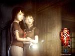  amakura_mayu amakura_mio black_eyes black_hair bow crimson_butterfly dark dress fatal_frame fatal_frame_ii flashlight hug lens_flare multiple_girls official_art short_hair siblings sisters skirt tecmo twins 