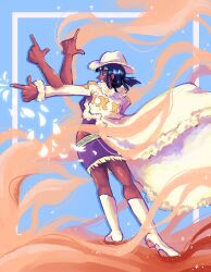  1girl absurdres back black_hair blue_eyes blunt_bangs boots coat commentary dessert devil_fruit_power extra_arms food full_body fur-trimmed_coat fur_trim hat highres medium_hair nico_robin one_piece petals purple_skirt sand skirt smile solo white_boots white_coat white_hat white_petals wigglesdtuff wind 