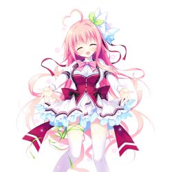  1girl :d ahoge back_bow black_bow blush bow bowtie breasts buttons closed_eyes dress feet_out_of_frame game_asset green_ribbon hair_ribbon haru_haru_(koikoko) heart heart_ahoge highres juliet_sleeves koi_suru_kokoro_to_mahou_no_kotoba large_breasts large_variant_set leg_ribbon long_hair long_sleeves non-web_source open_mouth outstretched_arms pink_bow pink_bowtie pink_hair puffy_sleeves red_bow red_vest ribbon self-datamine shiromochi_sakura shirt short_dress simple_background single_hair_intake smile solo standing star_(symbol) thigh-highs transparent_background variant_set vest white_shirt white_thighhighs zettai_ryouiki 