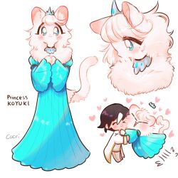  1boy 1girl animal_hands blue_dress blue_eyes body_fur cat_girl cocri commentary_request dress full_body furry furry_female furry_with_non-furry heart heart_tail hetero highres hug interspecies koharu_(cocri) looking_at_viewer multiple_views original princess_koyuki_(cocri) simple_background tail tiara white_background white_fur white_hair 