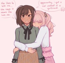  2girls akiyama_mizuki biting biting_another's_arm black_bow black_ribbon bow brown_eyes brown_hair brown_skirt buttons closed_eyes collared_shirt commentary drill_hair drill_ponytail english_commentary english_text frilled_skirt frilled_sleeves frills genderswap genderswap_(otf) green_shirt highres hug hug_from_behind light_blush long_hair looking_at_viewer medium_hair multiple_girls neck_ribbon netsuijae pink_hair pink_skirt project_sekai ribbon shinonome_ena shirt side_ponytail sidelocks simple_background skirt smile speech_bubble suspender_skirt suspenders white_background white_shirt wrist_bow yuri 