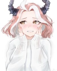  1girl absurdres ahoge alternate_hair_length_(shorter) blush commentary eyelashes hair_intakes hands_on_own_face highres horns indie_virtual_youtuber merururuu_(vtuber) multicolored_hair pink_hair short_hair simple_background smile solo subguss sweater two-tone_hair virtual_youtuber white_background white_hair white_sweater yellow_eyes 