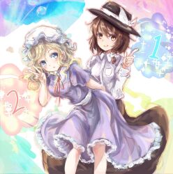  2girls behind_another black_hat black_skirt blonde_hair blue_eyes blush bow breast_pocket brown_eyes brown_hair collared_dress collared_shirt commentary contrast_collar dress finger_counting frilled_dress frills hair_bow hat hat_bow highres long_hair long_skirt long_sleeves maribel_hearn medium_hair mob_cap multiple_girls neck_ribbon open_mouth pocket purple_dress red_ribbon ribbon sash shirt short_sleeves skirt sparkle teeth touhou upper_teeth_only usami_renko uwazumi white_bow white_hat white_sash white_shirt 