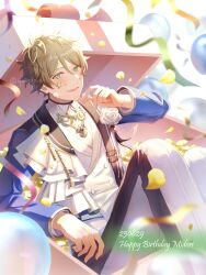  1boy absurdres balloon brown_hair buttons character_name commentary dated double-breasted double-parted_bangs ensemble_stars! fingernails flower gift green_eyes hair_between_eyes hand_up happy_birthday highres kindo layered_clothes layered_sleeves looking_at_viewer male_focus open_mouth pants petals rose smile solo star_(symbol) streamers takamine_midori twitter_username white_flower white_rose wingtip_collar yellow_petals 