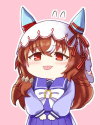  1girl :p animal_ears blush brown_hair chibi commentary_request hidori_neko_(scarlet_cat_all) horse_ears horse_girl horse_tail long_hair red_eyes school_uniform solo still_in_love_(umamusume) tail tongue tongue_out tracen_school_uniform umamusume veil 