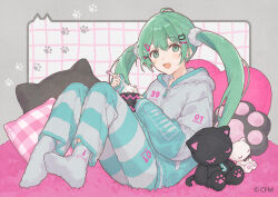  1girl 39 :d ahoge aqua_pants blush cat_hair_ornament character_name commentary_request company_name copyright_notice cup full_body green_eyes green_hair grey_hoodie grey_pants grey_socks hair_between_eyes hair_ornament hairclip hatsune_miku holding holding_cup holding_spoon hood hoodie horiizumi_inko looking_at_viewer mug no_shoes official_art pants paw_print pillow sitting smile socks solo spoon striped_clothes striped_pants stuffed_animal stuffed_cat stuffed_toy tongue twintails vocaloid x_hair_ornament zipper 