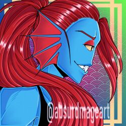  1:1 1girl 2020 2d absurdmage anthro artist_name black_tank_top blue_skin colored_sclera colored_skin commentary digital_media ear_fins english_commentary female female_only fins fish fish_girl from_side gradient_background green_background head_fins high_ponytail highres long_hair monster monster_girl multicolored_background ponytail portrait profile red_background red_hair sharp_teeth slit_pupils solo tank_top teeth twitter_username undertale undyne utdr_(toby_fox) yellow_sclera 