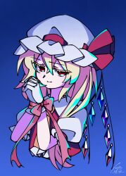  1girl ascot blonde_hair blue_background bound bound_wrists closed_mouth collared_shirt commentary_request cropped_torso crystal crystal_wings flandre_scarlet frilled_sleeves frills gloves gradient_background hair_between_eyes hat hat_ribbon highres illust_atelier3 interlocked_fingers long_hair mob_cap multicolored_wings one-hour_drawing_challenge one_side_up own_hands_together puffy_short_sleeves puffy_sleeves red_eyes red_vest ribbon shirt short_sleeves signature smile solo touhou upper_body vest white_gloves white_hat white_shirt wings yellow_ascot 