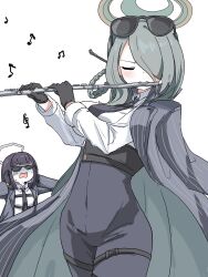  2girls black_gloves black_hair blue_archive breasts closed_eyes coat coat_on_shoulders covering_own_ears eyewear_on_head flute genryumon_member_(blue_archive) gloves green_hair hair_over_one_eye hair_rings halo highres holding holding_flute holding_instrument instrument long_hair mina_(blue_archive) multiple_girls necktie open_mouth pants pinstripe_jacket pinstripe_pattern playing_flute playing_instrument shirt short_hair striped_coat sunglasses tachikaze_miyako white_shirt 