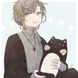  1boy :3 ark_kan black_pants blue_eyes brown_hair buttons commentary_request controller game_controller grey_sweater holding holding_controller holding_game_controller jewelry kanae_(8th_costume)_(nijisanji) kanae_(nijisanji) long_sleeves looking_at_viewer male_focus mole mole_under_eye necklace nijisanji open_mouth pants ponytail roto_(kanae) signature simple_background solo stuffed_animal stuffed_cat stuffed_toy sweater turtleneck turtleneck_sweater virtual_youtuber 