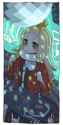  1girl blonde_hair blush_stickers border closed_mouth commentary_request cowboy_shot disco_ball food food_on_head fruit fruit_on_head green_eyes haori highres japanese_clothes long_hair long_sleeves mandarin_orange mosuroshyu object_on_head out_of_frame people saigou_r_irori sana_channel smile solo_focus thick_eyebrows white_border wide_sleeves 