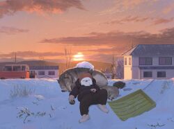  1boy animal backlighting beanie black_jacket black_pants child clouds cloudy_sky commentary dog_mask evening hat highres house jacket kei_car kusamie male_focus mask original outdoors pants power_lines rabbit red_hat scenery shoes sky sled sleeping sleeping_animal snow solo star_(sky) sun sunset tanuki untranslatable_commentary white_shoes wolf 