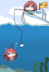  ! 2girls :3 ahoge air_bubble akino_ell animal bikini blue_eyes blue_sky blue_sweater blush boat brown_hair bubble chibi closed_mouth clouds commentary_request day eyes_visible_through_hair fish fishing_line fishing_rod flag food go-toubun_no_hanayome green_skirt hair_ornament hair_over_one_eye headphones headphones_around_neck highres holding holding_fishing_rod holding_polearm holding_weapon long_hair multiple_girls nakano_itsuki nakano_miku outdoors pink_bikini pleated_skirt polearm red_hair seaweed skirt sky star_(symbol) star_hair_ornament steamed_bun sweater swimsuit translation_request trident underwater v-shaped_eyebrows very_long_hair water watercraft weapon x_x 