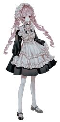  1girl apron black_shoes bokozq closed_mouth commentary double-parted_bangs expressionless eyelashes flower frilled_apron frills full_body highres holding_own_skirt long_hair long_sleeves low_drills maid maid_apron maid_headdress mary_janes original pink_hair pleated_skirt red_eyes ribbon rose shoes skirt twintails white_apron white_flower white_ribbon white_rose 