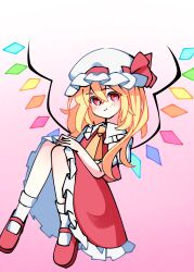  1girl ascot blonde_hair blush bow closed_mouth collared_shirt commentary_request crystal crystal_wings flandre_scarlet frilled_shirt_collar frilled_skirt frills gradient_background hat hat_bow highres illust_atelier3 long_hair looking_at_viewer mary_janes mob_cap multicolored_wings one-hour_drawing_challenge one_side_up pink_background pink_eyes puffy_short_sleeves puffy_sleeves red_bow red_shoes red_skirt red_vest shirt shoes short_sleeves skirt skirt_set smile socks solo touhou vest white_hat white_shirt white_socks wings yellow_ascot 