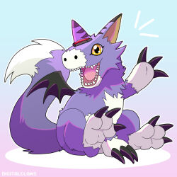  bat_wings brown_eyes claws commentary digimon digimon_(creature) digitalclaws dorumon english_commentary highres looking_at_viewer no_humans open_mouth purple_fur sharp_teeth sitting solo tail teeth two-tone_fur waving white_fur wings 