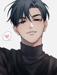  1boy absurdres alien_stage black_eyes black_hair black_shirt closed_mouth commentary_request fang fang_out heart highres ivan_(alien_stage) light_blush male_focus portrait shirt short_hair solo spoken_heart thick_eyebrows turtleneck turtleneck_shirt very_short_hair waniwani4869 white_background 