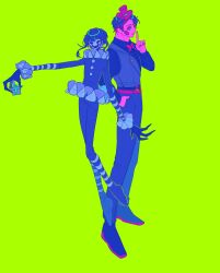  1boy 1girl absurdres black_hair blush_stickers bow bowtie box buttons collared_shirt colored_skin commentary finger_to_mouth five_nights_at_freddy's freddy_fazbear's_pizzeria_simulator frills gift gift_box green_background highres holding holding_box humanization lefty_(fnaf) long_fingers pink_skin red_bow red_bowtie shirt shushing the_puppet_(fnaf) yu_(user_yubyul) 