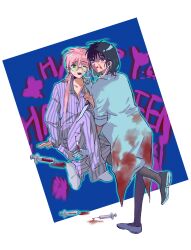  2girls alien_stage alternate_costume black_hair blood blood_on_clothes blood_on_face blue_eyes chinese_commentary coat commentary_request gauze gauze_on_cheek halloween happy_halloween highres holding holding_syringe knee_up lab_coat long_hair mizi_(alien_stage) multiple_girls pants pink_hair sadahalu_ai_la_shi shirt stethoscope striped_clothes striped_pants striped_shirt sua_(alien_stage) syringe vertical-striped_clothes vertical-striped_pants vertical-striped_shirt white_coat 