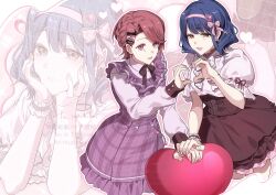  2girls :d animate_(company) animate_cafe belt belt_buckle black_bow black_ribbon blue_hair bow brown_skirt buckle chain collared_dress commentary cropped_legs curtained_hair dress earrings fingernails frilled_dress frilled_shirt frilled_skirt frilled_wrist_cuffs frills fu_iwashibou hair_bow hair_ornament hairband hairpin hanayagi_kaoruko hand_on_another's_hand hands_on_own_cheeks hands_on_own_face hands_up head_rest heart heart-shaped_pillow heart_earrings heart_hair_ornament heart_hands heart_hands_duo highres isurugi_futaba jewelry long_sleeves looking_at_viewer medium_dress medium_hair multiple_girls multiple_hairclips neck_ribbon official_alternate_costume official_alternate_hairstyle open_mouth outline parted_bangs pillow pink_bow pink_hair pink_hairband plaid_clothes plaid_dress projected_inset puffy_short_sleeves puffy_sleeves purple_dress red_ribbon ribbon shirt short_hair short_sleeves shoujo_kageki_revue_starlight side-by-side single_wrist_cuff skirt smile swept_bangs twitter_username underbust untranslatable_commentary violet_eyes watermark white_bow white_outline white_shirt wrist_cuffs yellow_eyes 