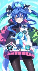  1girl @_@ absurdres ahoge animal_ears blue_eyes blue_hair blush brown_leggings coat crossed_bangs drawstring heterochromia highres hood hooded_coat hoodie horse_ears horse_girl horse_tail leggings long_hair long_sleeves looking_at_viewer multicolored_coat multicolored_hair multicolored_hoodie open_mouth poposhika sharp_teeth smile solo stuffed_animal stuffed_rabbit stuffed_toy tail teeth twin_turbo_(blast_mode!_turbo_engine)_(umamusume) twin_turbo_(umamusume) twintails umamusume violet_eyes 