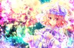  colorful hand_on_own_chest hat highres japanese_clothes multicolored_eyes pink_hair purple_eyes red_eyes riichu saigyouji_yuyuko short_hair touhou yellow_eyes 