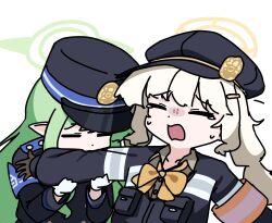  2girls aoba_(blue_archive) armband biting black_hat blue_archive blue_armband bow bowtie buttons commentary_request double-breasted gloves green_hair green_halo halo hat highres hikari_(blue_archive) long_hair long_sleeves low_twintails multiple_girls newsboy_cap open_mouth orange_armband orange_halo peaked_cap pointy_ears raw_beef simple_background tears twintails white_background white_gloves yellow_bow yellow_bowtie 