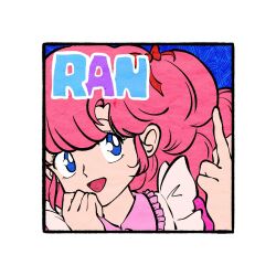  1girl :d blue_background blue_eyes character_name frilled_sleeves frills highres long_hair luuxiriver open_mouth pink_hair portrait ran_(urusei_yatsura) sidelocks smile solo urusei_yatsura 
