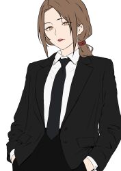  1girl black_jacket black_necktie black_pants black_suit brown_eyes brown_hair commentary english_commentary formal_clothes hands_in_pockets jacket long_hair long_sleeves looking_at_viewer mature_female necktie open_clothes open_jacket open_mouth original pants parted_lips ponytail red_lips sato_misaki_(wryyyyy) shirt sidelocks simple_background solo suit upper_body white_background white_shirt wryyyyy_(pixiv_88189348) 