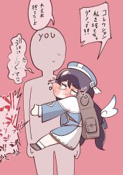  1girl absurdres backpack bag beret blue_eyes blue_hat blush chibi diyap_(style) dress fempuni hair_between_eyes hat height_difference highres hug korean_text leader_(trickcal) long_hair long_sleeves mayo_(trickcal) trickcal 