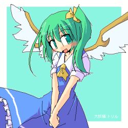  1girl blue_dress border commentary_request daiyousei dress green_background green_eyes green_hair hair_between_eyes hidaka_makoto long_hair lowres oekaki open_mouth puffy_short_sleeves puffy_sleeves shirt short_sleeves side_ponytail smile solo touhou white_border white_shirt wings 
