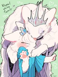  2girls animal_hands blue_dress body_fur cape cat_girl claws closed_eyes cocri commentary_request dress english_text eyeshadow fur_cape furry furry_female green_background highres licking licking_another's_face long_sleeves makeup mother_and_child mother_and_daughter multiple_girls original parent_and_child princess_koyuki_(cocri) purple_dress purple_eyeshadow simple_background tiara tongue tongue_out upper_body whiskers white_fur white_hair wide_sleeves 
