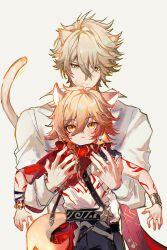  2boys absurdres aged_down alternate_costume animal_ears antenna_hair arm_tattoo black_shorts blonde_hair blue_gem blush bracelet braid cape carrying carrying_person cat_boy cat_ears cat_tail chinese_commentary collared_shirt commentary_request earrings facial_tattoo gem gold_bracelet gradient_hair highres honkai:_star_rail honkai_(series) jewelry male_focus medium_hair multicolored_hair multiple_boys mydei_(honkai:_star_rail) phainon_(honkai:_star_rail) phainon_(khaslana)_(honkai:_star_rail) qiaose33912 red_cape red_hair red_scarf red_tattoo scarf shirt short_hair shorts side_braid single_earring spiky_hair tail tank_top tattoo white_shirt white_tank_top yellow_eyes 