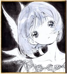  1girl angel angel_wings commentary_request crescent crescent_earrings dress earrings expressionless feathered_wings green_eyes head_tilt hidari_(nanmu-left) highres jewelry looking_at_viewer monochrome multiple_wings original parted_lips shikishi short_hair solo traditional_media upper_body wings 