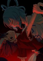  2girls blue_dress blue_hair blue_nails commentary_request dancing dress empty_eyes hair_ornament hair_rings hair_stick hand_on_another's_waist highres kaku_seiga miyako_yoshika multiple_girls ofuda ofuda_on_head puffy_short_sleeves puffy_sleeves short_hair short_sleeves touhou umneri_i 