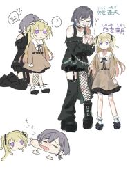  1girl 2girls bang_dream! bang_dream!_our_notes black_choker black_dress black_ribbon blonde_hair brown_dress choker commentary_request dress fishnet_pantyhose fishnets green_eyes grey_hair hair_ribbon hakochi_yuu long_hair long_sleeves looking_at_viewer medium_hair multiple_girls o-ring o-ring_choker off-shoulder_dress off_shoulder open_mouth pantyhose ribbon shinomiya_shizuku shirt simple_background single_leg_warmer socks solo two_side_up violet_eyes white_background yakura_yomogi 
