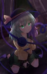  1girl absurdres barefoot black_hat bow buttons closed_mouth collared_shirt commentary_request diamond_button disembodied_linked_eye eyeball frilled_shirt_collar frilled_sleeves frills green_eyes green_hair green_skirt hat hat_bow highres koishi_day komeiji_koishi long_sleeves looking_at_viewer seiza shirt sitting skirt smile soles solo toes tosamiubi touhou wide_sleeves yellow_bow yellow_shirt 