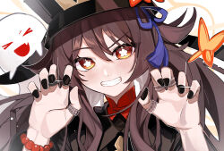  1girl absurdres bead_bracelet beads black_hat black_nails blush boo_tao_(genshin_impact) bracelet brown_hair chinese_clothes commentary_request flower flower-shaped_pupils genshin_impact ghost ghost_pose hat hat_flower highres hu_tao_(genshin_impact) jewelry long_hair looking_at_viewer plum_blossoms porkpie_hat raimu_(raimuo_illust) red_eyes ring smile solo symbol-shaped_pupils teeth twintails 