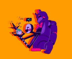  ... animal_ears animatronic beamed_eighth_notes bear_ears bow bowtie box commentary five_nights_at_freddy's freddy_fazbear's_pizzeria_simulator gift gift_box hat highres holding holding_box lefty_(fnaf) musical_note orange_background red_bow red_bowtie red_hat spoken_ellipsis spoken_musical_note the_puppet_(fnaf) yu_(user_yubyul) 
