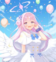  1girl angel_wings balloon blue_archive blue_bow blue_bowtie blue_flower blue_sky blunt_bangs blush bow bowtie breasts buttons capelet commentary_request double-breasted dress dress_bow feathered_wings flower frilled_dress frills hair_bun hair_flower hair_intakes hair_ornament halo highres hinata_mizore long_hair looking_at_viewer low_wings medium_breasts mika_(blue_archive) open_mouth outdoors pink_hair pink_halo single_side_bun sky solo upper_body very_long_hair violet_eyes white_capelet white_dress white_wings wing_ornament wings 