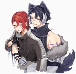  2boys absurdres animal_ear_piercing animal_ears arm_around_another's_waist artist_collaboration black_hair black_jacket black_shirt commentary_request facial_mark fangs fur-trimmed_jacket fur_trim gloves grey_gloves half_updo hanasaki_miyabi highres holostars jackal_boy jackal_ears jackal_tail jacket kageyama_shien male_focus mg_ytm multicolored_hair multiple_boys o-ring official_alternate_costume open_mouth red_hair shirt short_hair shoulder_tattoo sleeveless sleeveless_shirt streaked_hair sznk_20 tail tattoo upper_body virtual_youtuber white_background white_hair white_streaks yellow_eyes zipper zipper_pull_tab 