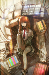  1girl @_@ absurdres advarcher black_shorts brown_hair collared_shirt commentary grey_pantyhose hair_between_eyes highres jacket knee_up long_hair long_sleeves looking_at_viewer makise_kurisu necktie open_clothes open_jacket pantyhose pantyhose_under_shorts red_necktie science_adventure shirt shorts sitting solo steins;gate television test_card white_shirt 