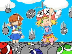  amitie arle_nadja belt blonde_hair blush brown_hair closed_eyes green_eyes grin hat multiple_girls open_mouth ponytail puyo_pop_fever puyopuyo puyopuyo_fever shorts skirt smile sonic_team sweatdrop tank_top wallpaper wink 