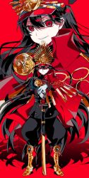  1girl absurdres black_hair black_jacket black_pants boots cape chain collared_cape crest family_crest fate/grand_order fate_(series) gloves gold_boots gold_chain hat highres holding holding_sword holding_weapon jacket katana long_hair long_sleeves looking_at_viewer military_hat oda_nobunaga_(fate) oda_nobunaga_(koha-ace) oda_uri pants peaked_cap red_background red_cape red_eyes samurai sheath sheathed smile solo sword user_ppur3434 weapon white_gloves 