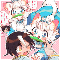  1boy 1girl animal_hands blue_dress blue_eyes body_fur brown_hair cat_girl cat_teaser claws cocri commentary_request commission dress fangs feral_instincts furry furry_female highres holding holding_cat_teaser koharu_(cocri) looking_at_viewer multicolored_hair multiple_views neck_fur original pink_background polka_dot polka_dot_background princess_koyuki_(cocri) short_hair skeb_commission streaked_hair tail tiara translation_request whiskers white_fur white_hair yellow_eyes 