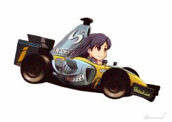  1girl blue_hair brown_eyes car closed_mouth deformed driving floating_hair formula_racer idolmaster idolmaster_(classic) jitome kayatsu_urotoma kisaragi_chihaya long_hair motor_vehicle race_vehicle racecar simple_background solo twitter_username unamused white_background 