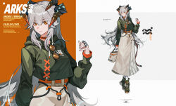  1girl absurdres alternate_costume arknights bag barcode belt brass_knuckles breasts casual choker closed_mouth commentary cover cropped_jacket dragon_girl dragon_horns english_text eyewear_around_neck fake_magazine_cover full_body green_jacket green_shoes grey_hair hachisan hair_between_eyes hand_up handbag highres holding holding_bag hood hooded_jacket horns jacket long_hair long_skirt looking_at_viewer magazine_cover orange_belt orange_choker orange_eyes saria_(arknights) shoes sidelocks simple_background skirt sneakers socks solo standing sunglasses weapon white_bag white_skirt white_socks 