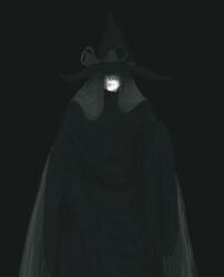  1girl alternate_costume black_background black_robe closed_mouth covered_eyes english_commentary facing_ahead facing_viewer green_hair hair_flowing_over hair_over_eyes hat light_smile long_hair mima_(touhou) muted_color needolai robe solo touhou very_long_hair witch_hat 