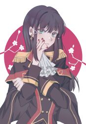  ascot black_cape blunt_bangs brown_hair buttons cape capelet cherry_blossoms dia_(genjitsu_no_yohane) double-breasted earrings epaulettes genjitsu_no_yohane green_eyes hair_ornament hand_on_own_face highres jewelry kurosawa_dia long_hair long_sleeves looking_at_viewer love_live! love_live!_sunshine!! mole mole_under_mouth red_nails sidelocks sparklingvv1119 white_ascot white_background 